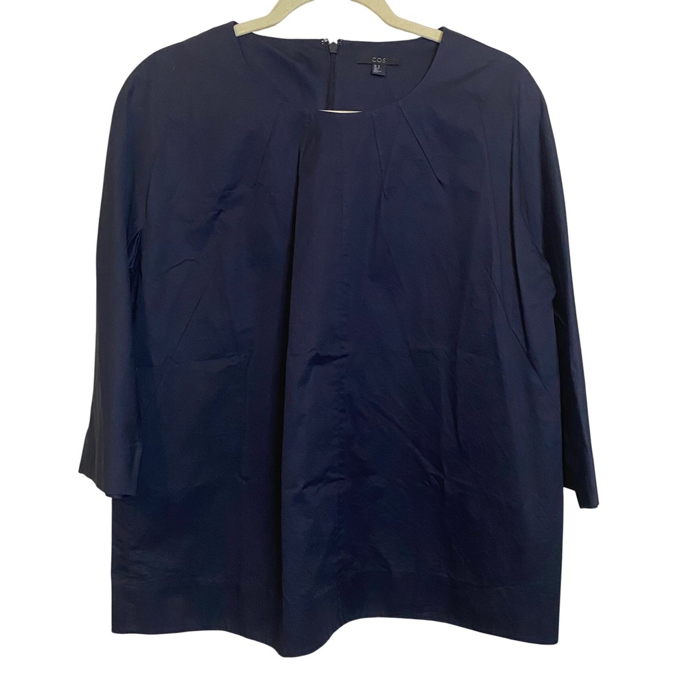 COS Navy Blue Cotton Poplin Pleated Front Blouse Top Size 12 3/4 Sleeve Zipper